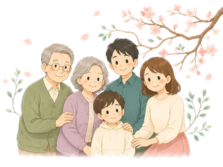 家族でテーブルを囲んで家系図を眺めるイラスト