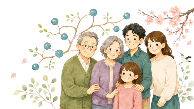 三世代の家族が寄り添う、家系図ずかんのメインイラスト